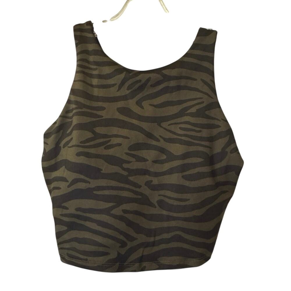 Gottex Studio Y Back Sports Bra Crop Top Olive Green & Black Zebra Small